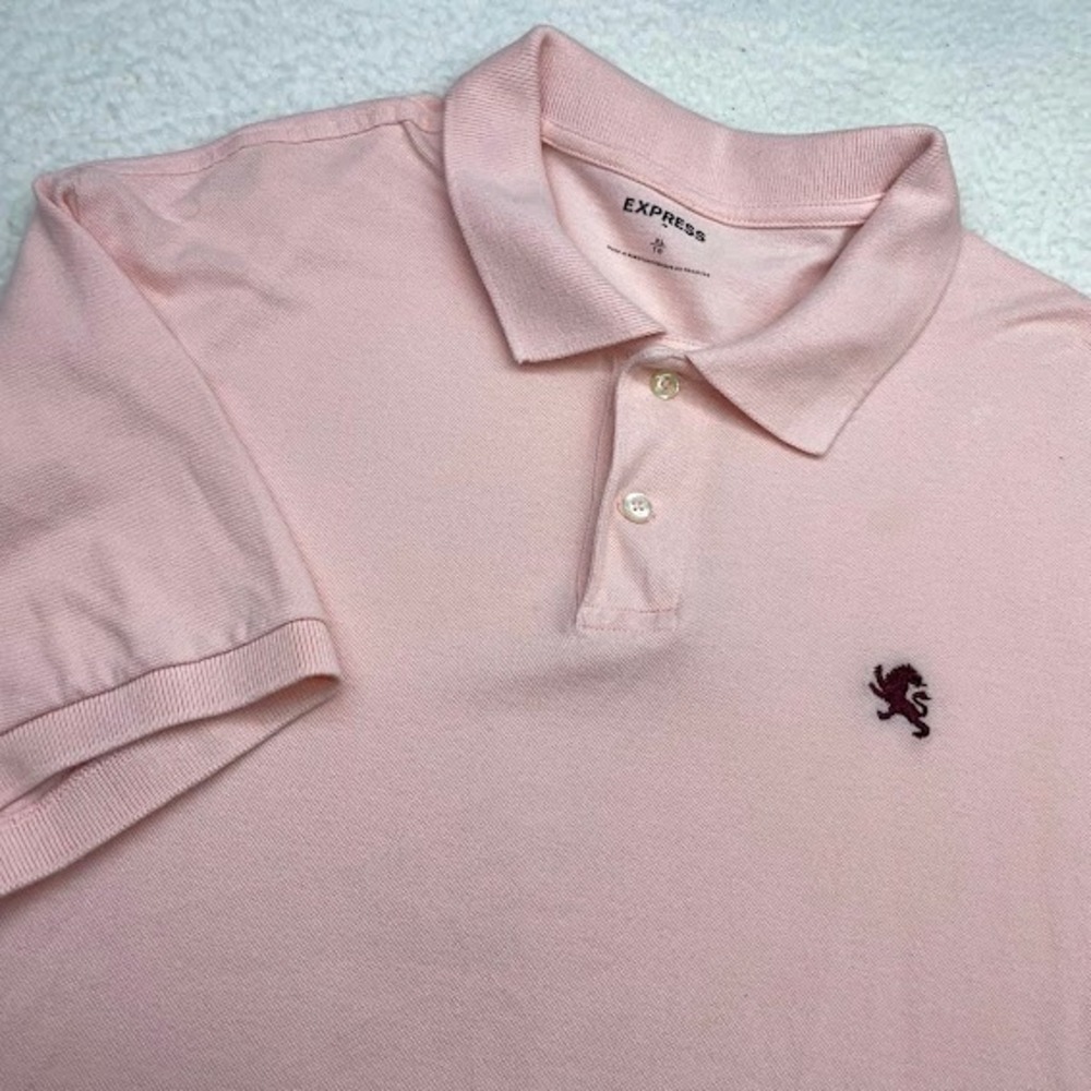 Express Polo Shirt Mens XL Pink w/ red Lion Logo Short Sleeve Casual Golf